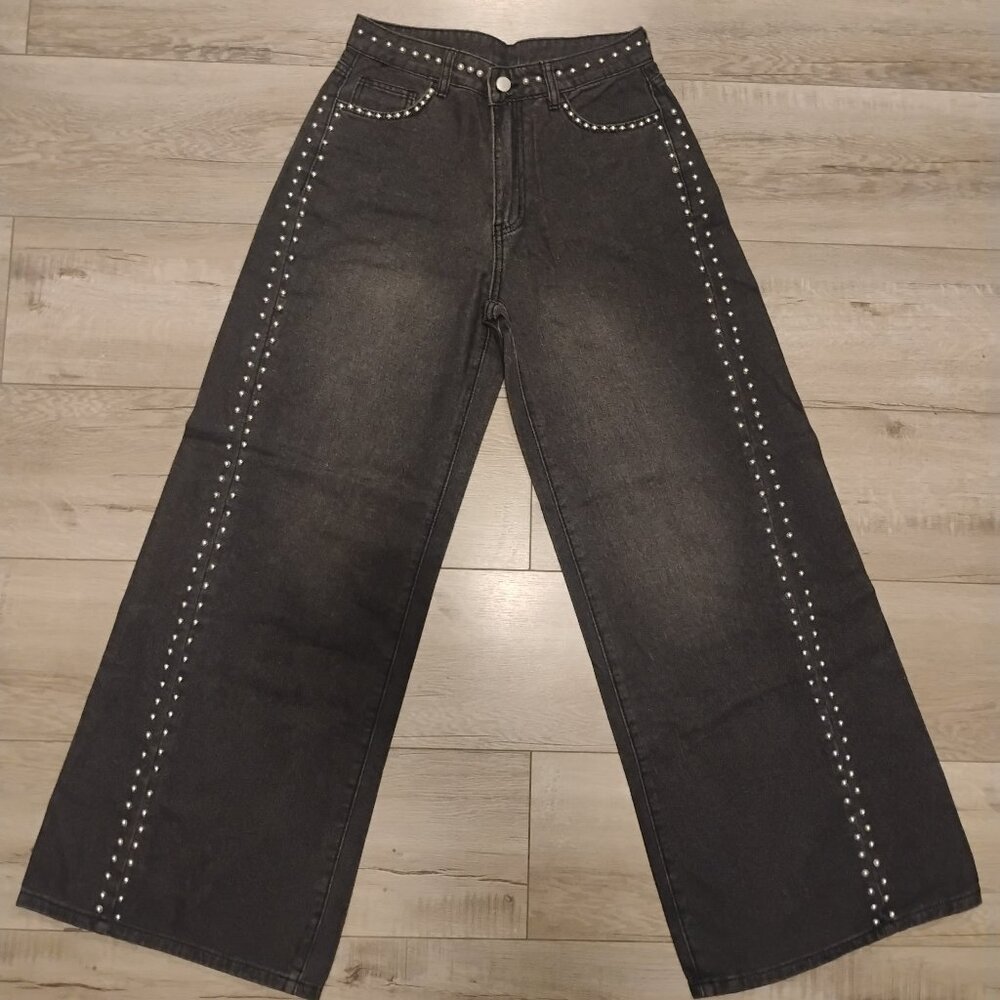 SHEIN Women's Western Casual Washed Low-Waist Studded Wide Leg Jeans Size XS